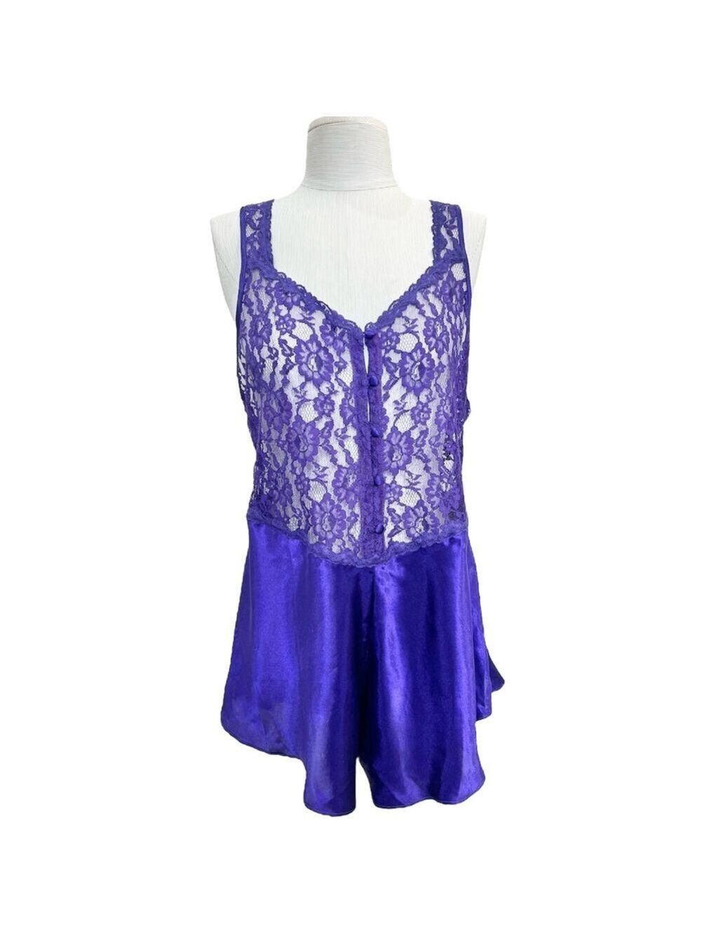 Vintage 80s 90s purple satin sheer lace bodice romper teddy negligee lingerie L - Picture 3 of 15